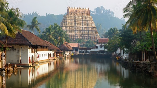 Sree padmanabhaswamy temple view with water reflection and houses in kerala india landscape scene photo