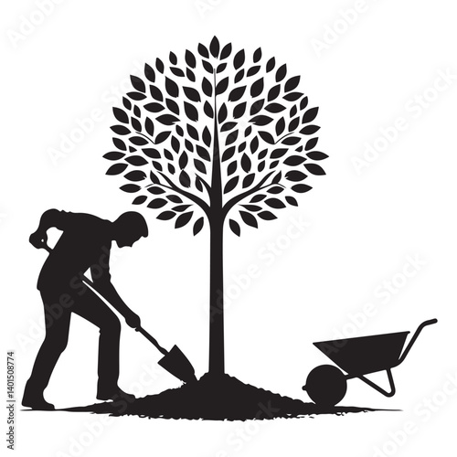 Silhouette Man Planting Tree Illustration Representing Growth