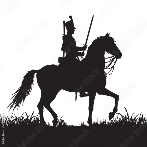 Horseback Rider Military Officer Silhouette Illustration with Sword Design