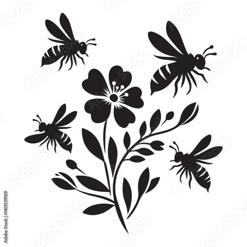 Bees Around Flowers Vector Art Illustration Pollination in Nature