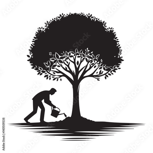 Watering Tree Silhouette Illustration Cultivating Growth Environmental Care Vector