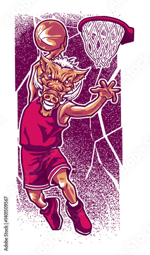 Hoops Hog: A playful illustration depicts a pig character soaring through the air for a slam dunk, basketball in hand, exuding energy and excitement against a dynamic background.