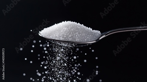 A spoonful of sugar set against a black background, creating a minimalist and elegant food composition.