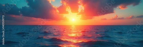 Azure sky meets fiery sun, ocean reflects vibrant hues, sky, nature