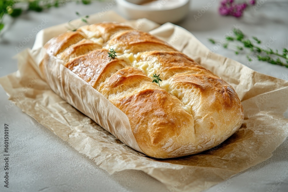 A freshly baked loaf of bread rests on parchment paper A freshly baked loaf of bread rests on parchment paper