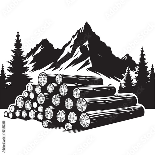 Stacked Log Silhouette Vector with Mountain and Trees Landscape Scenery