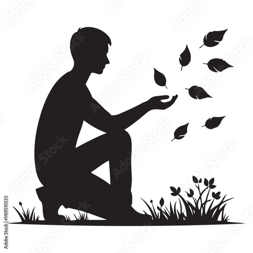 Silhouette of a contemplative man with falling leaves in nature art