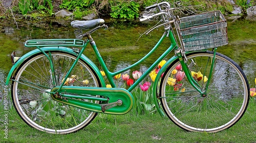Vintage green bicycle with basket parked by tulips and water, sunny day