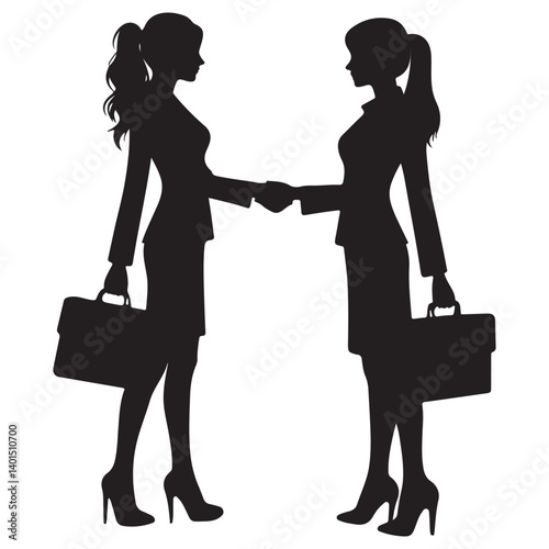 Successful Business Women Silhouette Negotiating Deal Partnership Agreement Vector Graphic
