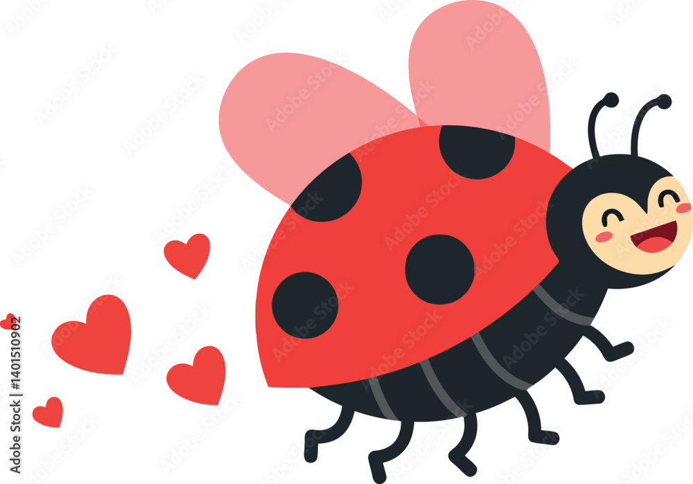 Fototapeta premium Cute ladybug character with pink wings and hearts, minimal style vector art