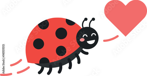 Cute ladybug flying joyfully with a heart in a flat vector illustration