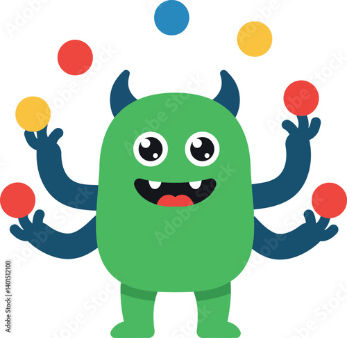 Colorful cartoon monster juggling balls in a playful flat vector illustration