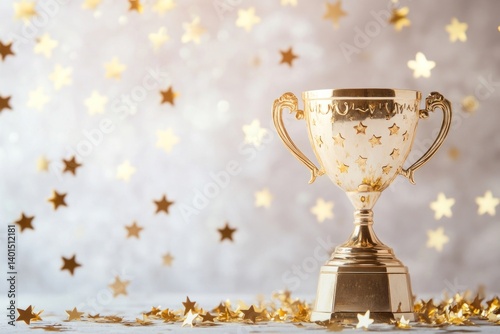 A trophy cup with golden stars sitting on a pedestal, with an emphasis on its intricate detailing and white background.