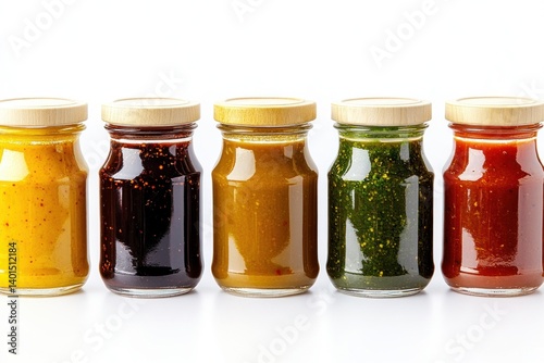 A variety of sauce jars isolated on a white background, perfect for showcasing product packaging designs.