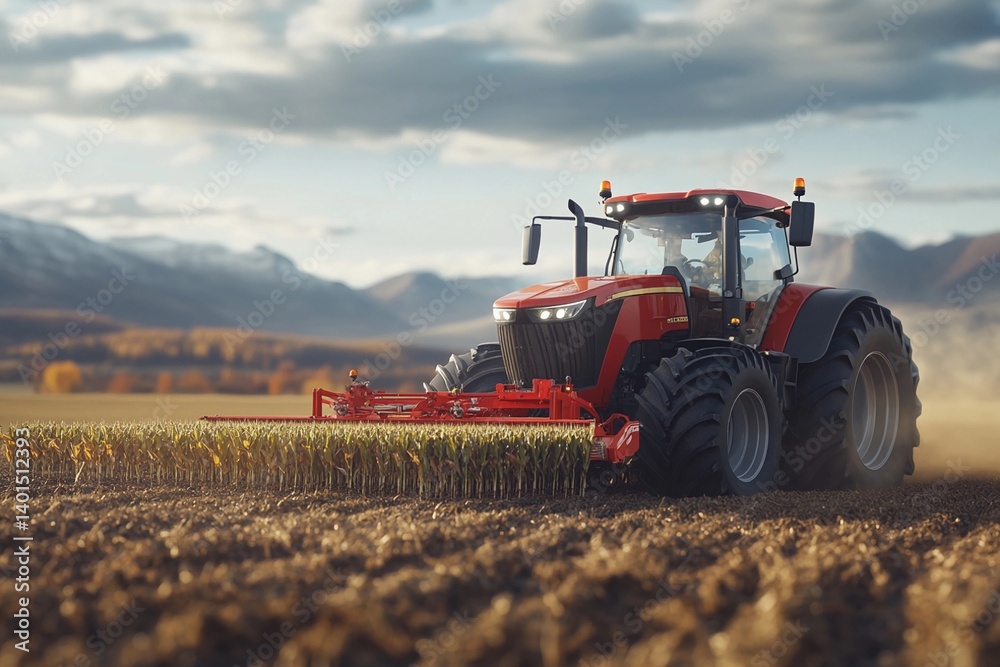 Fototapeta premium Modern seed drill attached to a large tractor sowing seeds in the field