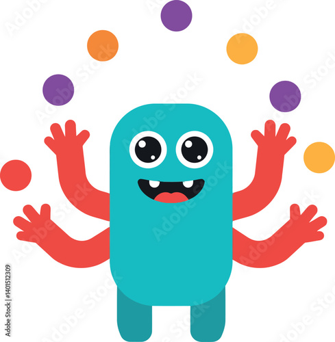 Colorful cartoon character juggling colorful balls in a playful flat vector illustration