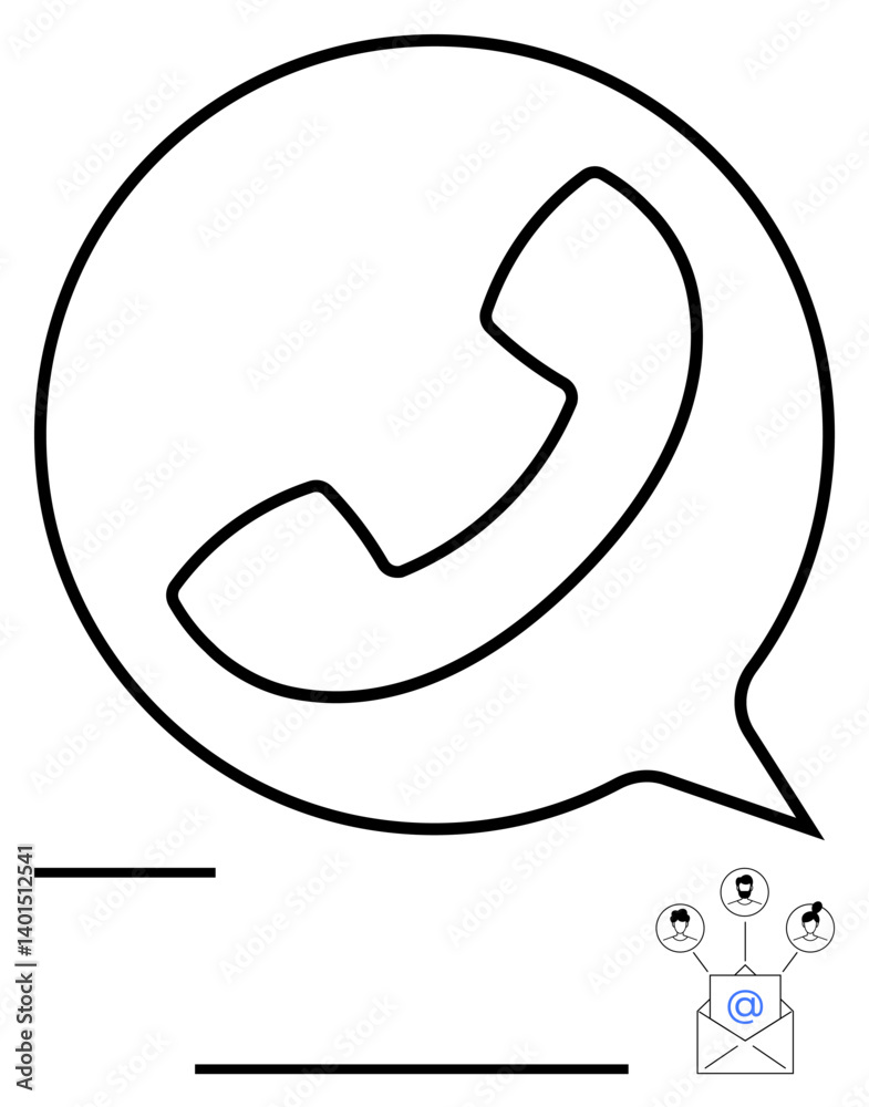 Large speech bubble with telephone icon, small envelope with email at symbol and connected profiles. Ideal for communication, networking, teamwork, customer service, collaboration, messaging, global Large speech bubble with telephone icon, small envelope with email at symbol and connected profiles. Ideal for communication, networking, teamwork, customer service, collaboration, messaging, global