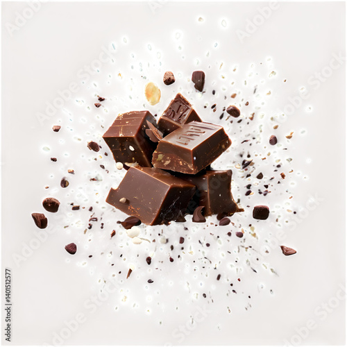 Falling Chocolate Chunks and Cocoa Nibs in Air – Macro Explosion on Transparent Background