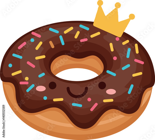 Chocolate donut adorned with colorful sprinkles and a crown in a flat design vector art