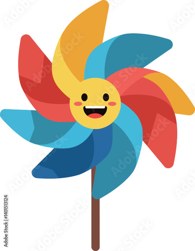 Playful windmill toy with a smiling face in bright flat vector illustration
