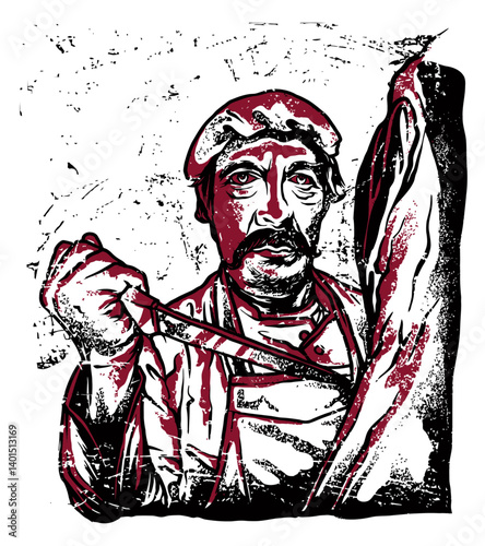 Butcher's Craft: A detailed illustration of a butcher meticulously preparing a cut of meat.
