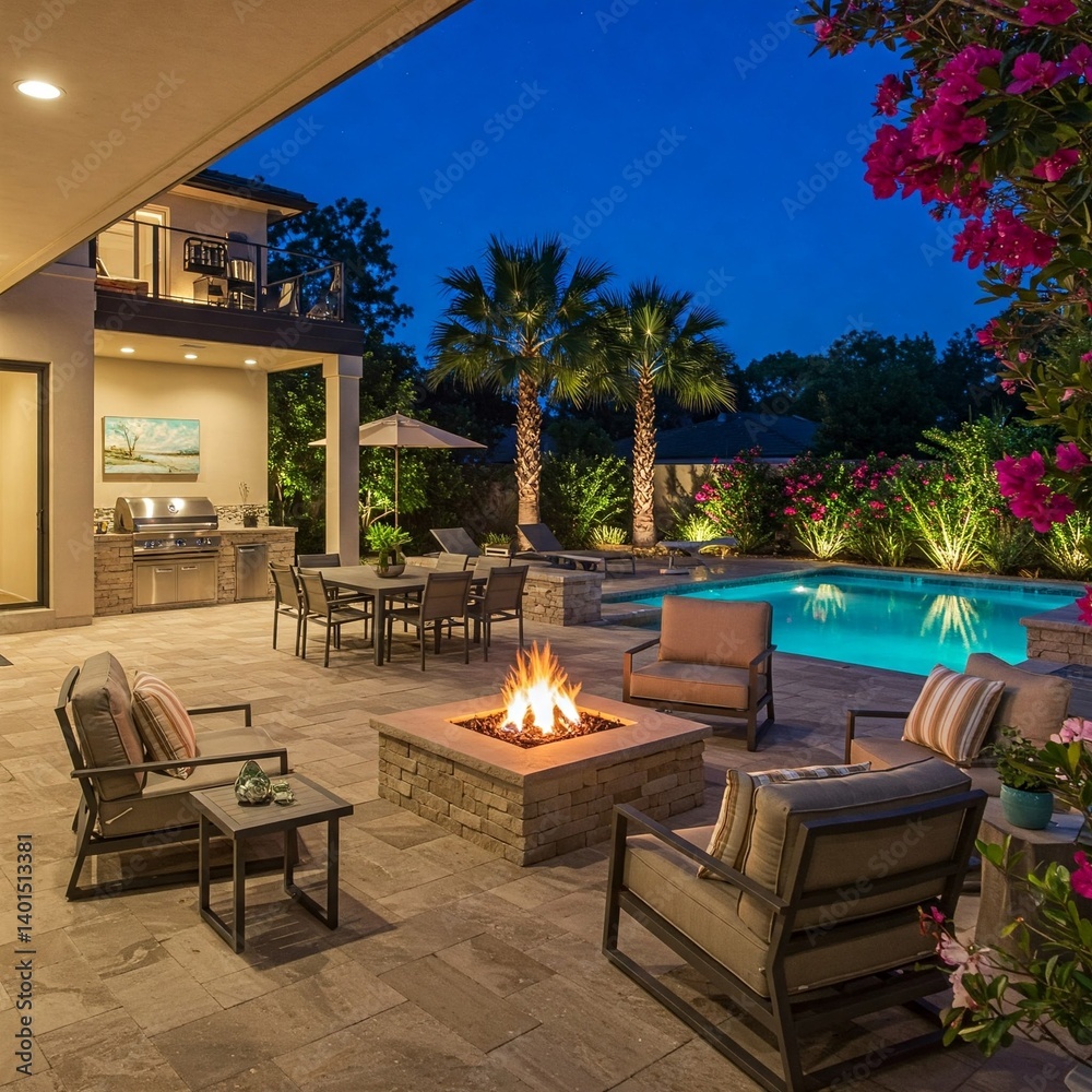 Fototapeta premium Luxurious backyard at night. Fire pit, seating, outdoor kitchen, pool, and landscaping. Warm lighting enhances the ambiance.