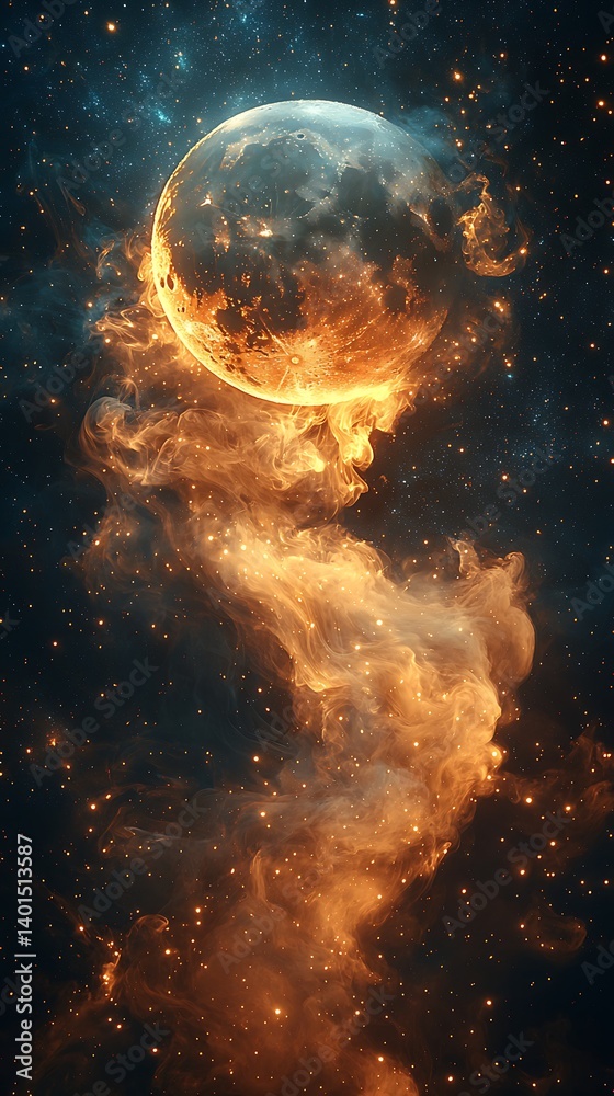 Fototapeta premium Flaming space moon crackles with cosmic fire high resolution picture