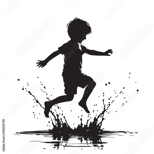 Silhouette Illustration of Boy Jumping in Puddle Enjoying Moment
