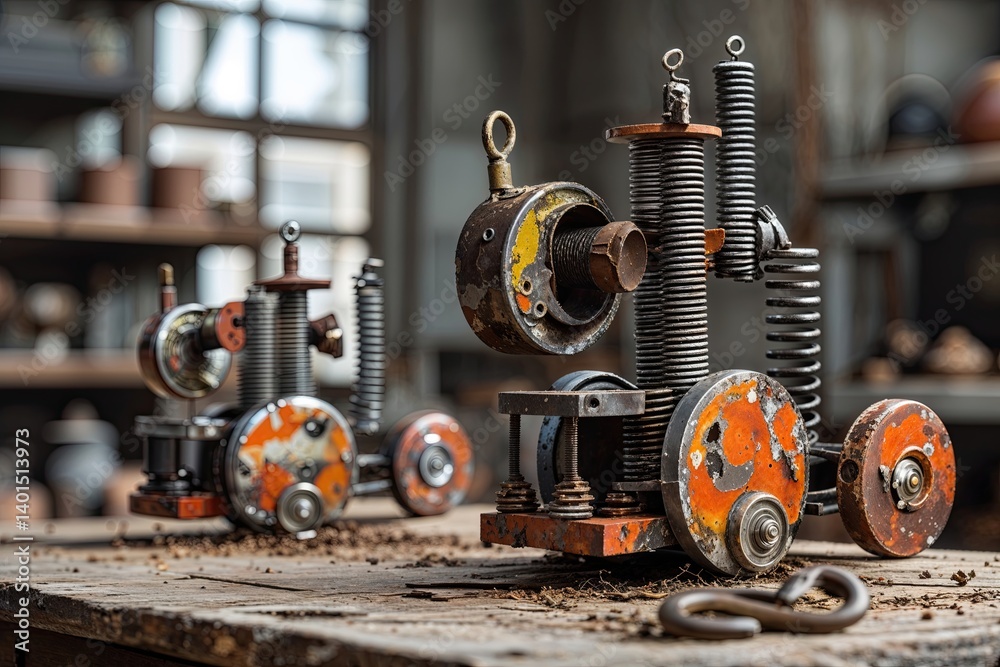 Fototapeta premium Unique Whimsical Mini Machines Crafted from Reclaimed Metal Springs for a Joyful Atmosphere