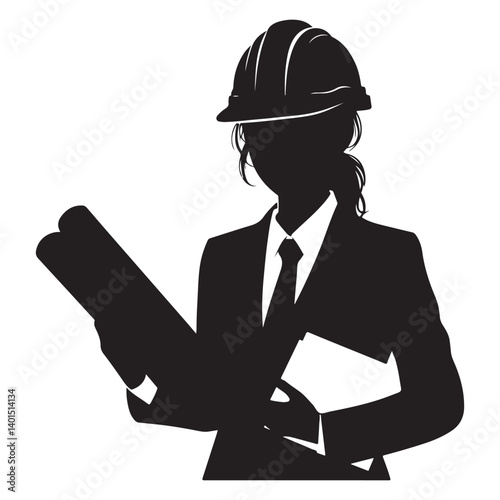 Female Architect Silhouette Holding Blueprints Vector Graphic Design
