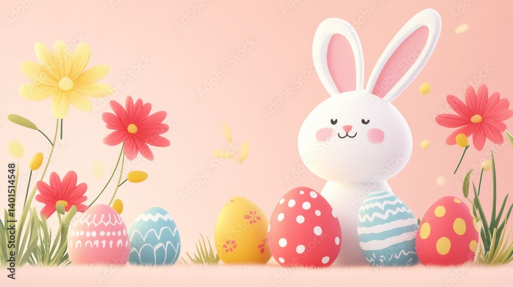 Cute Bunny Surrounded by Colorful Easter Eggs in a Blooming Flower Meadow During Springtime