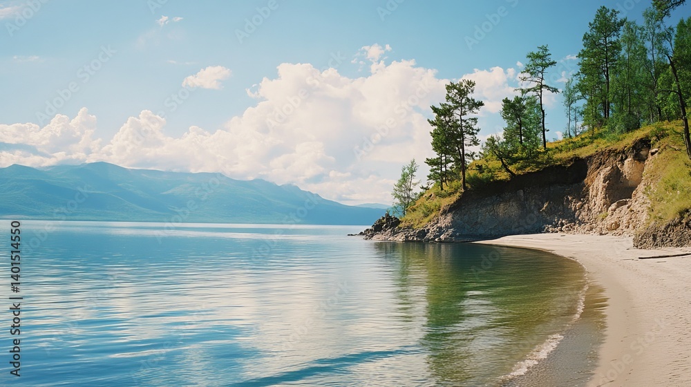 Obraz premium Stunning Natural Landscape Featuring Calm Waters and a Serene Beach Under a Clear Blue Sky in a Forested Area