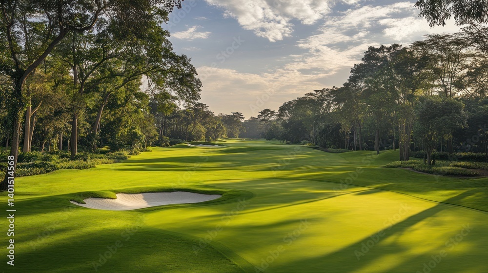 A wide view of a golf course, with the fairway lined by tall trees and sand bunkers strategically placed, highlighting the lush greenery and peaceful ambiance.