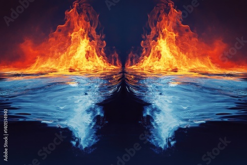 Symmetrical 'versus' concept featuring fire and water, left and right sides in perfect balance for a dynamic match-up design