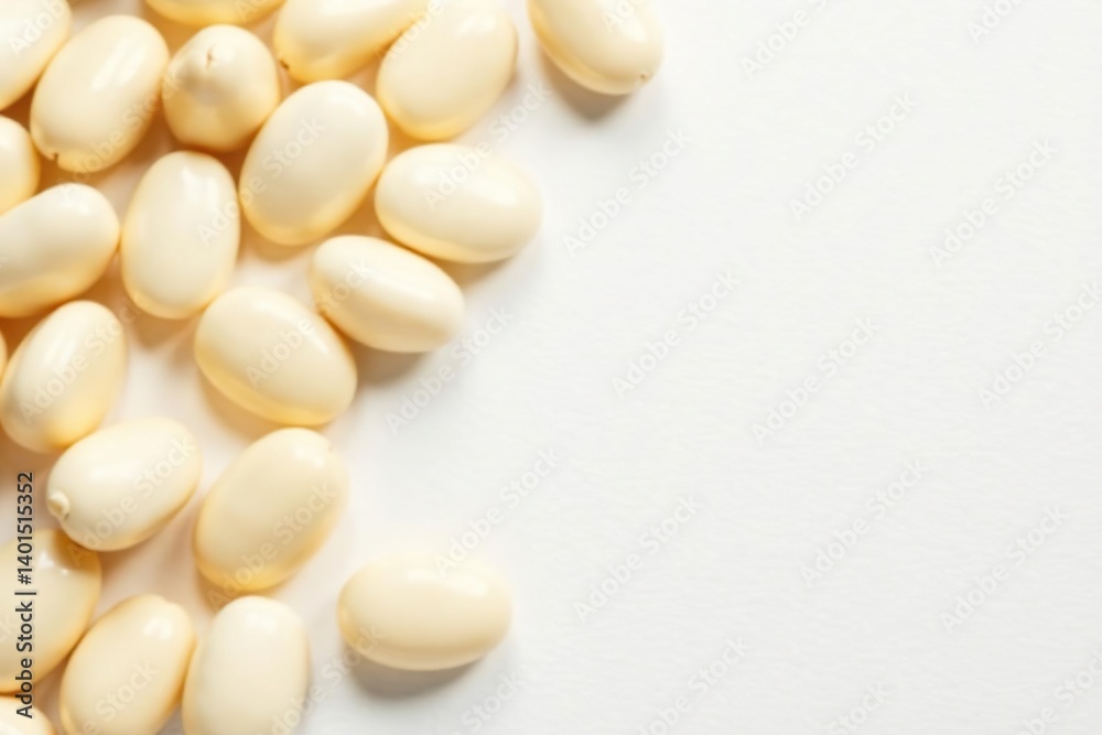 Creamy white beans scattered on pristine white background, still life, beans