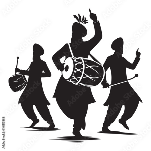 Bhangra dancers silhouette with dhol drums celebrating cultural heritage