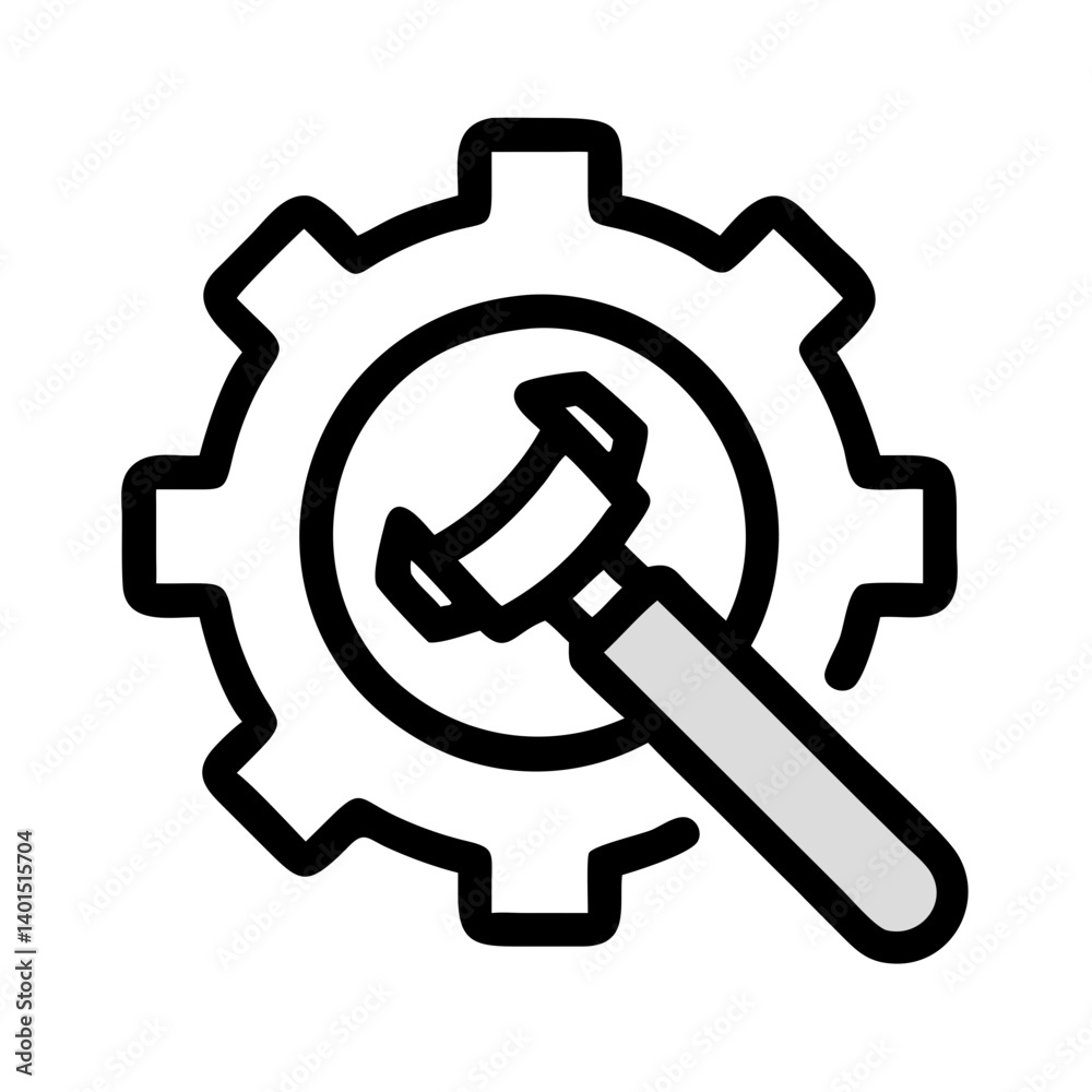 Gear with Hammer Tool Icon Representing Engineering, Repair, and Mechanical Work Gear with Hammer Tool Icon Representing Engineering, Repair, and Mechanical Work
