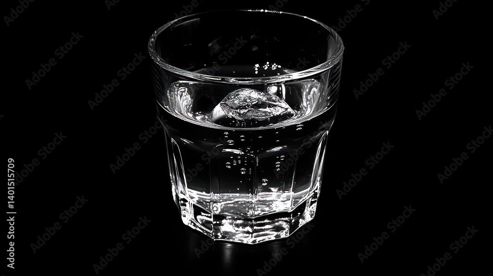 Refreshing Glass of Water: Sparkling on a Dark Black Background, Highlighting Droplets and Ripple Effects on the Surface Refreshing Glass of Water: Sparkling on a Dark Black Background, Highlighting Droplets and Ripple Effects on the Surface