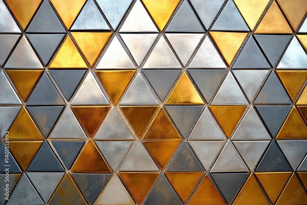 Abstract triangular mosaic tiles in a metallic gold, silver, and copper gradient, forming a striking geometric pattern.