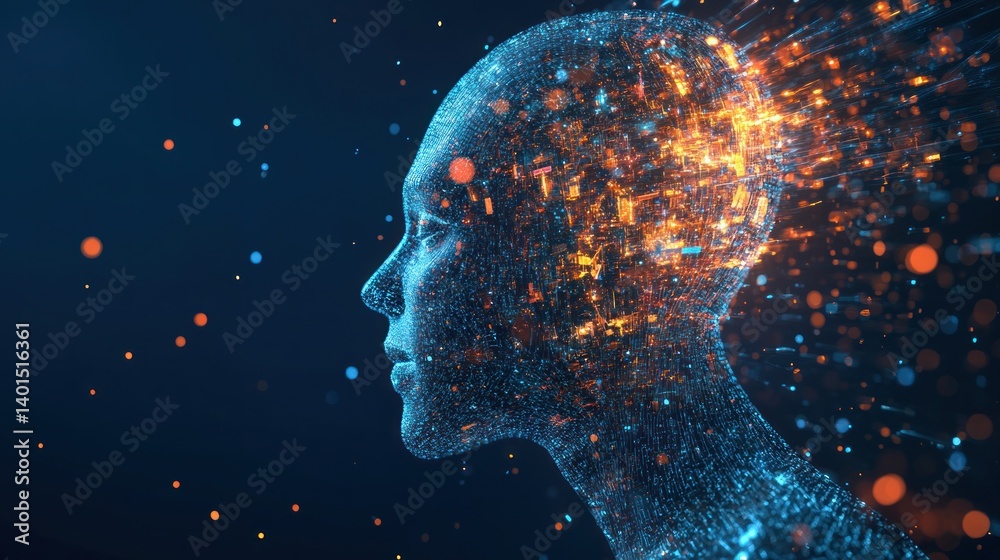 An abstract, futuristic representation of artificial intelligence, working with data and technology against a dark blue background.