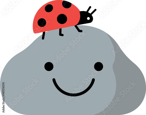 Happy smiling rock with a red ladybug perched on top in flat vector art