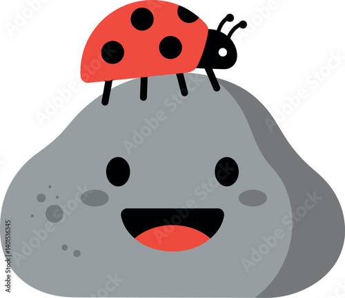 A cheerful rock character with a smiling face and a ladybug resting on top in flat vector art