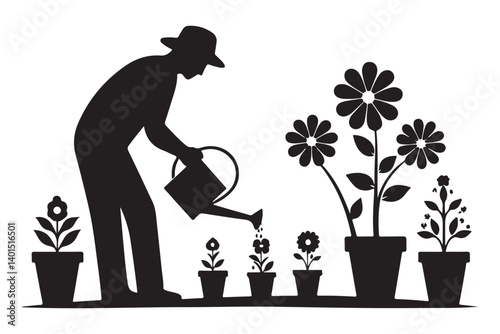 Gardener Watering Plants Silhouette Vector Illustration for Agriculture Design