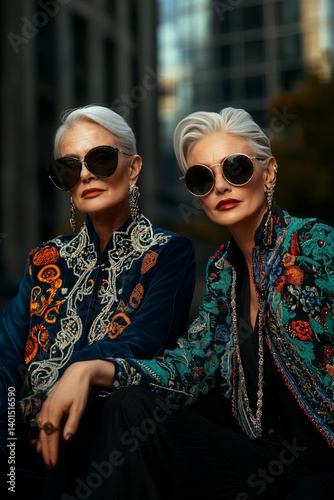 Two stylish elderly women wear turquoise and orange Boho-inspired couture, adorned with floral embellishments and oversized jewelry. Their extravagant sunglasses and self-assured expressions