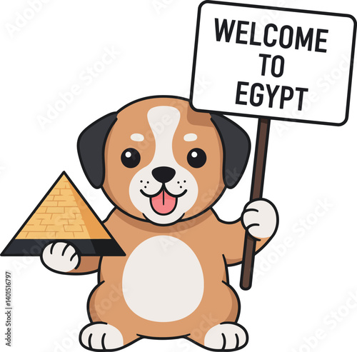 Cute dog holding a pyramid and a welcome sign in minimal vector illustration