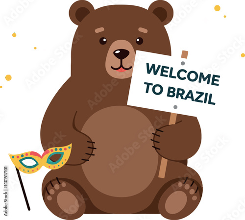 Cute brown bear holding a welcome sign and carnival mask in flat vector art