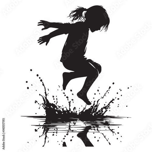 Girl Silhouette Jumping Into Puddle Splashing Water Joyfully Plays