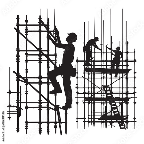 Construction worker silhouette building scaffolding at construction site