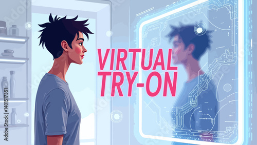 Man standing in front of a futuristic virtual mirror with "Virtual Try-On" interface text, testing clothing or accessories digitally.