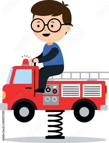 Child joyfully riding a spring-mounted fire truck in flat cartoon style vector art